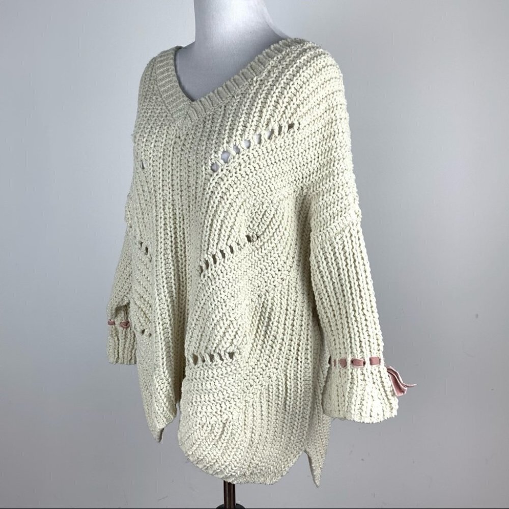 POL Womens sweater size L cream pink open knit chunky v-beck - Picture 6 of 12